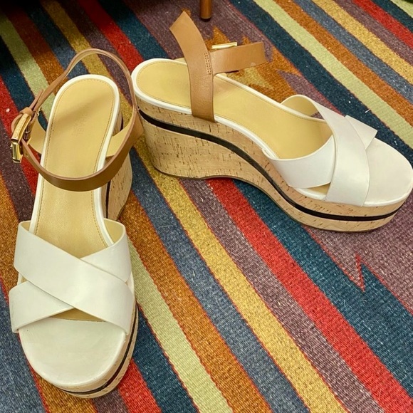 MK white platform sandals w/ black trim & cork sole - Picture 3 of 5